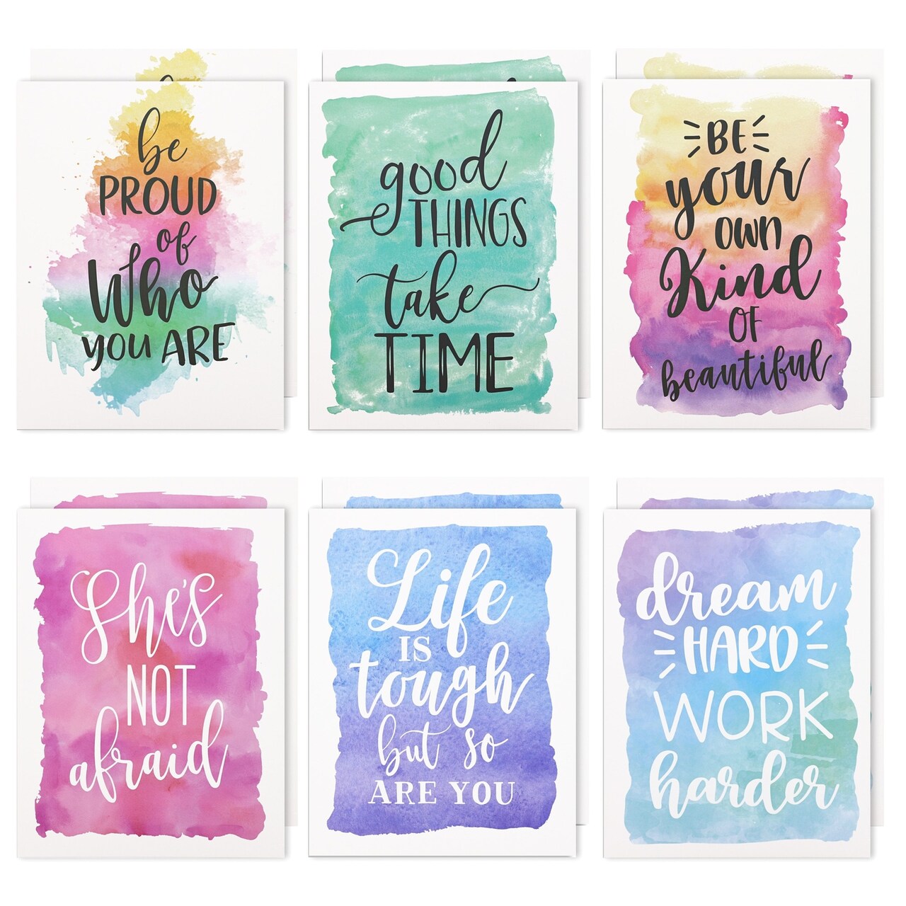 Paper Junkie 2 Pocket Folders - Motivational Quotes & Watercolor Folders with Pockets - Durable Laminated Design for School Supplies & Kids - 12 Pack, 9 x 12 in, Watercolor